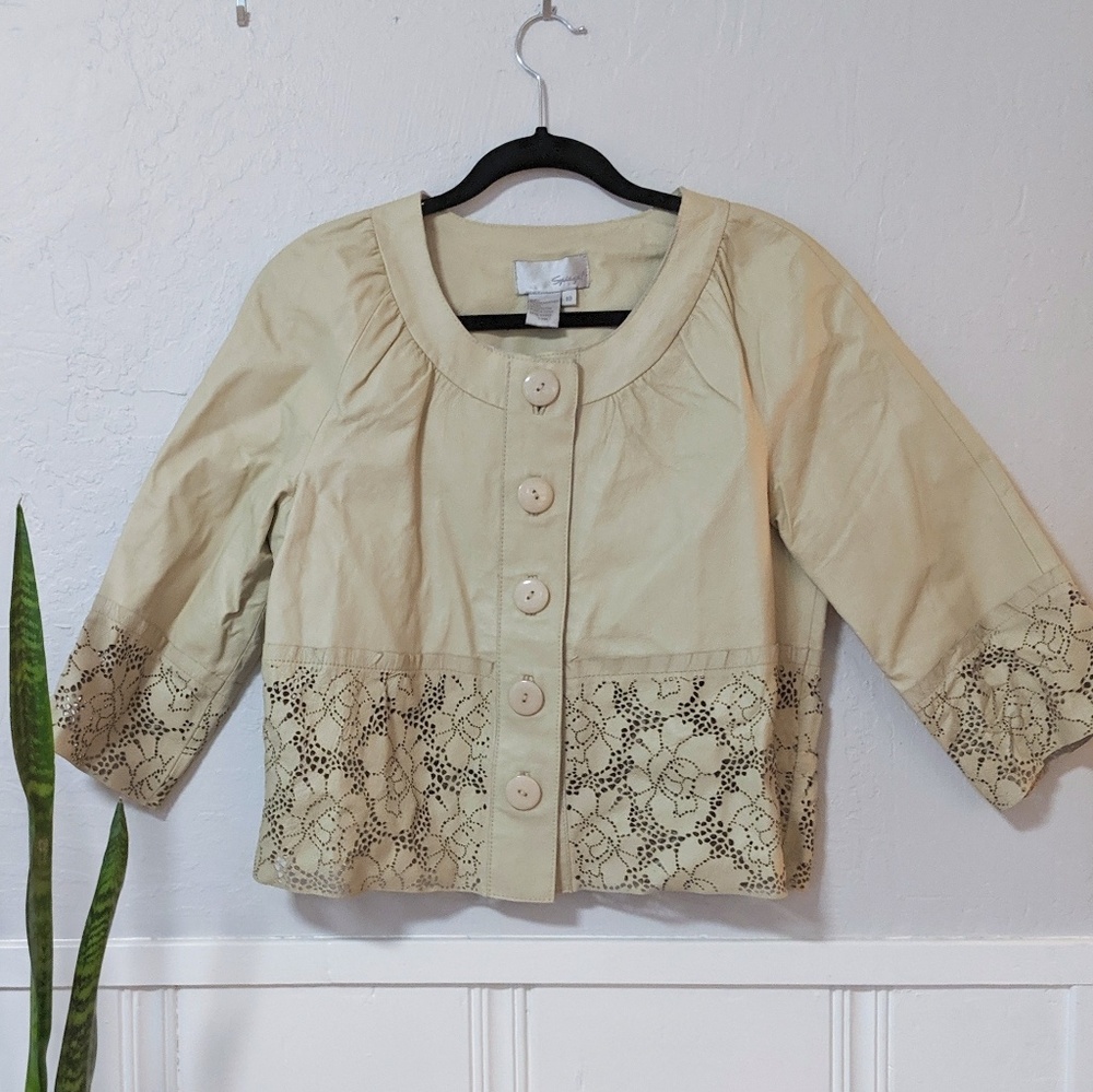 Vintage Spiegel Cream Laser Cut Leather Jacket